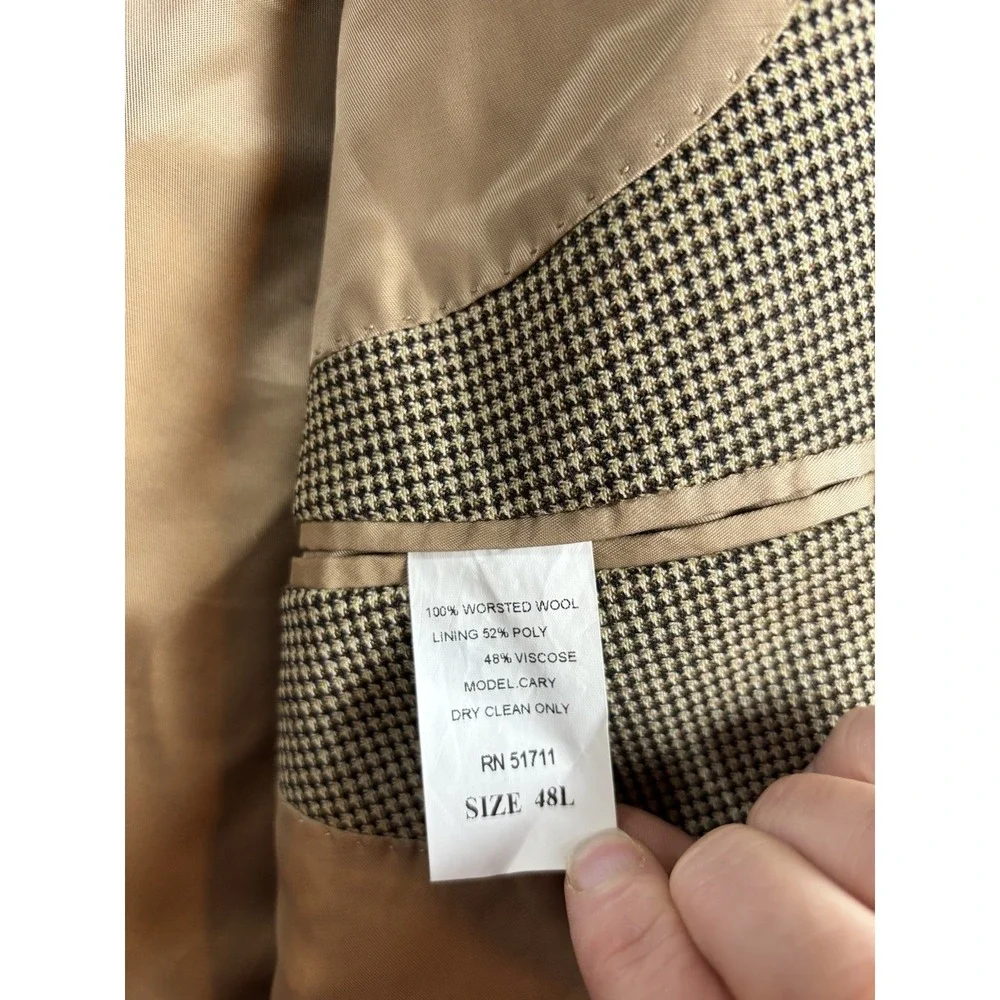 Andrew Fezza Blazer Mens 48L‎ Tan Wool Houndstooth Sport Coat Jacket Old Money